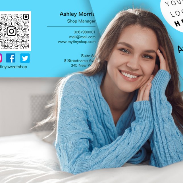Cartão De Visita Logotipo QR personalizado Logotipo online Compro s (Custom QR Code Logo Social Online Shop Blue Business Card)