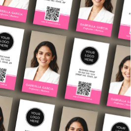 Cartão De Visita Logotipo Rosa Brilhante Código QR Foto Profissiona