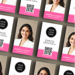 Cartão De Visita Logotipo Rosa Brilhante Código QR Foto Profissiona