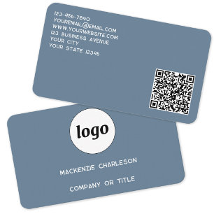 Cartão De Visita Logotipo Simples e Código QR Cinza Azul Empoeirado