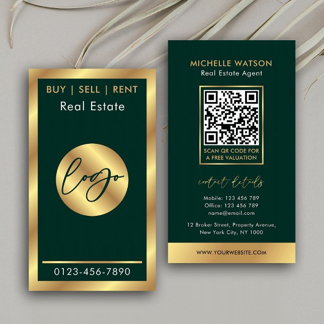 Cartão De Visita Logotipo verde e Dourado Cód. Real Imobiliário (Emerald green and faux gold QR code business cards for realtors and sales agents)