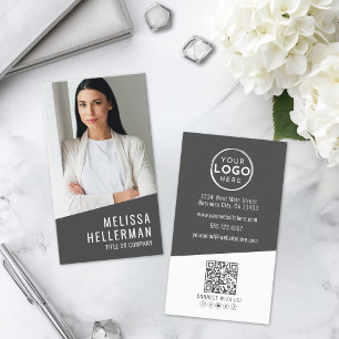 Cartão De Visita Logotipo Vertical de Código QR de Foto Moderno