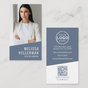 Cartão De Visita Logotipo Vertical de QR Code com Foto Azul Moderno