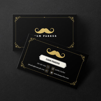 Cartão De Visita Loja de Cabeleireiro Bigode Preto e Dourado Vintag