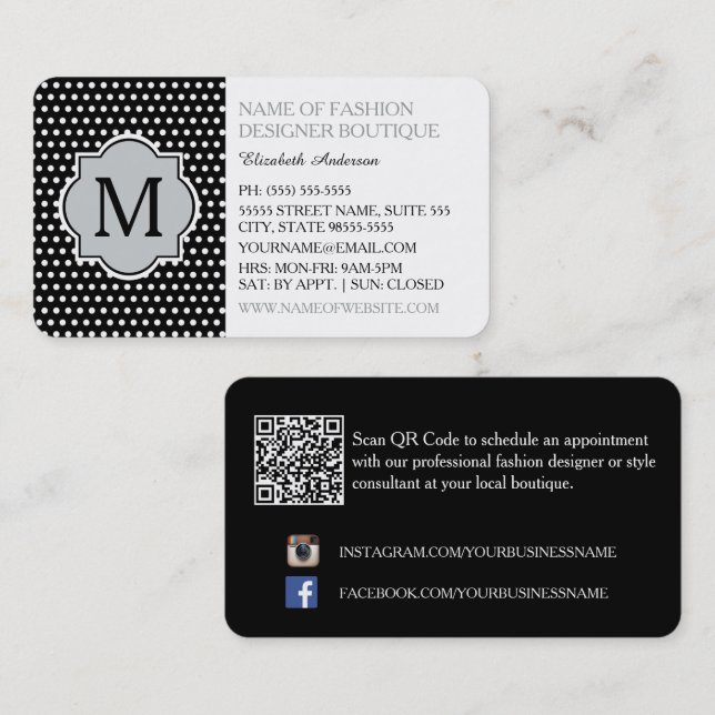 Cartão De Visita Loja de Moda com Bolinhas Pretas (Frente/Verso)
