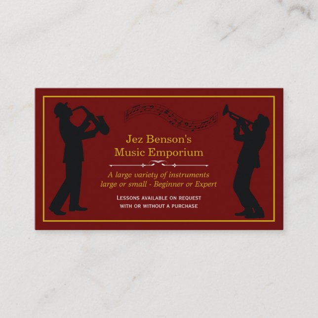 Cartão De Visita Loja de Música Clássica de Silhouettes Dourados (Frente)
