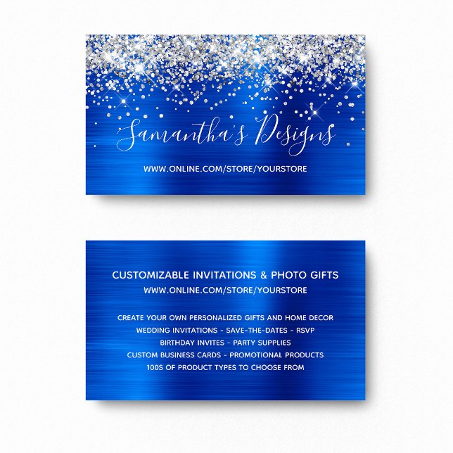 Cartão De Visita Loja Online de Folha Azul Real de Prata (Silver Glitter Royal Blue Foil Online Store Business Card)