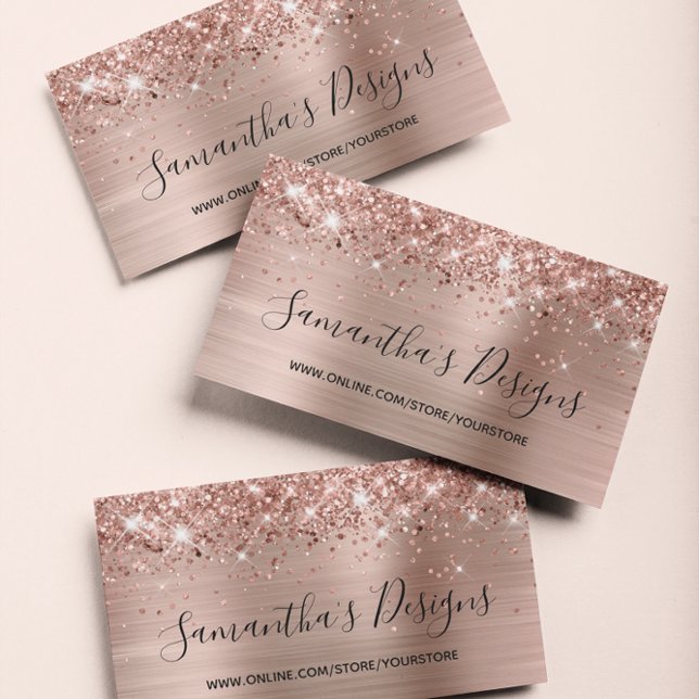 Cartão De Visita Loja Online Rosa Gold Foil com Glittery (Glittery Rose Gold Foil Business Card)