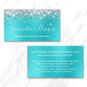 Cartão De Visita Loja Online Silver Glitter Aqua Blue Blur