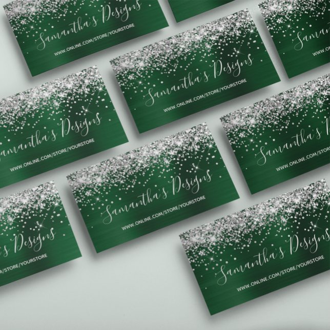 Cartão De Visita Loja Online Silver Glitter Dardo Verde (Silver Glitter Dark Green Foil Online Store Business Card)