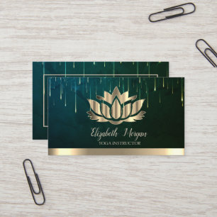 Cartão De Visita Lótus Dourado Elegante Faixa Dourada Pingos Verde 