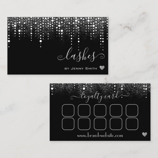 Cartão De Visita Loyalty Card Pretty Drips Silver Glitter Rain (Frente/Verso)