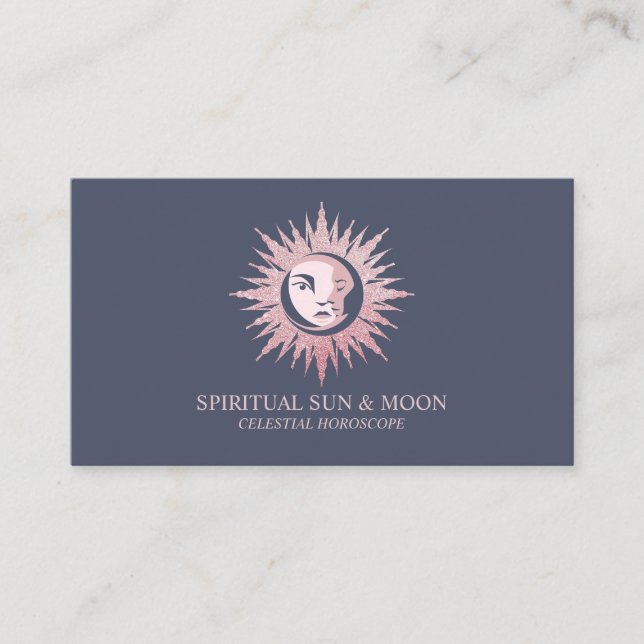 Cartão De Visita Lua Espiritual Sol Astrologia Celestial azul-marin (Frente)