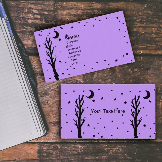 Cartão De Visita Lua Negra Negra-Spooky Stars Roxo (Spooky black barren tree black crescent moon stars on purple business cards.)