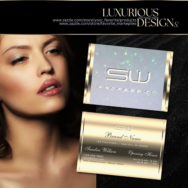 Cartão De Visita Luminosas Douradas luxuosas para pérolas azuis e i (Criador carregado)