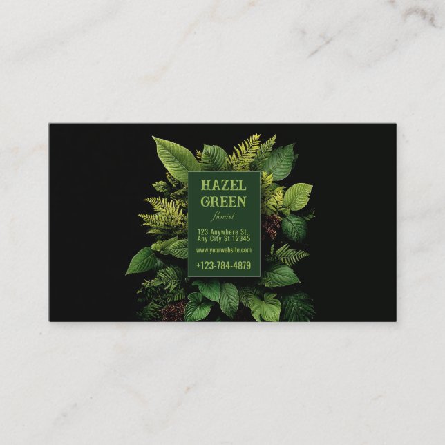 Cartão De Visita Lush Green Fern Foliage Black Modern Botanical (Frente)