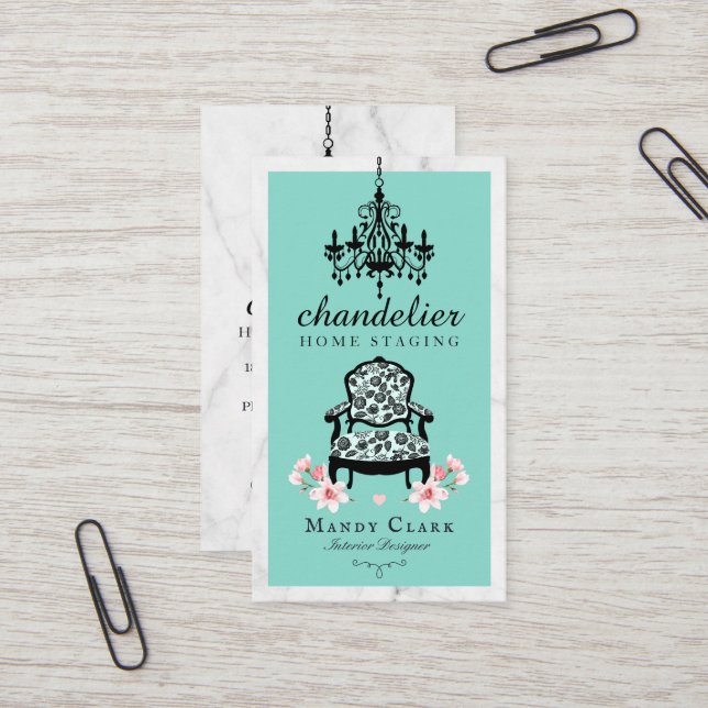 Cartão De Visita Lustre Antigo e Cadeira Vitoriana Floral de Mármor (Frente/Verso In Situ)