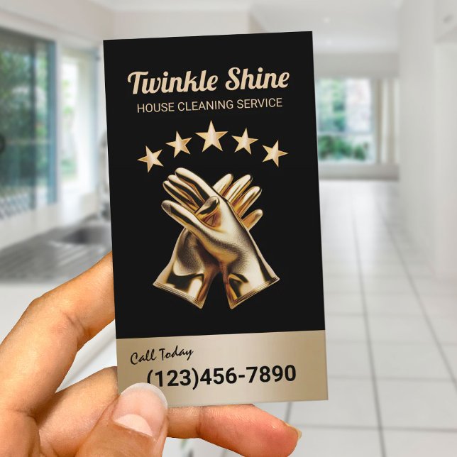 Cartão De Visita Luvas Douradas modernas para limpeza doméstica (Criador carregado)