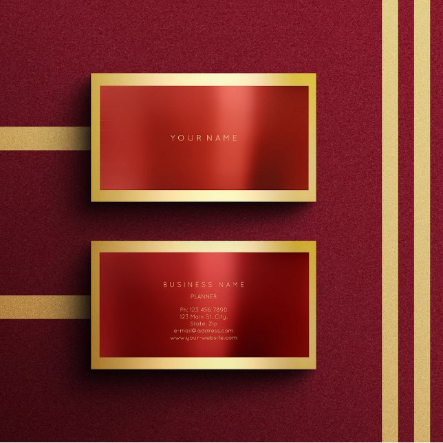 Cartão De Visita Lux Metálico Mínimo Dourado da Borgonha Vermelha (Red Burgundy Gold Framed Metallic Minimal Lux Business Card)