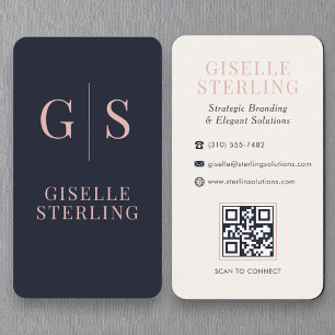 Cartão De Visita Luxe Blush Pink Monograma Marinho Código QR Azul