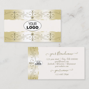 Cartão De Visita Luxe Glam Dourado e Creme Bordas Ornamentadas com