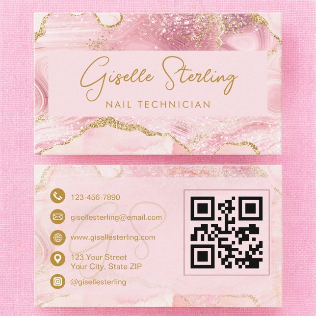 Cartão De Visita Luxe Nail Technician Blush Pink Gold Agate QR Code (Criador carregado)
