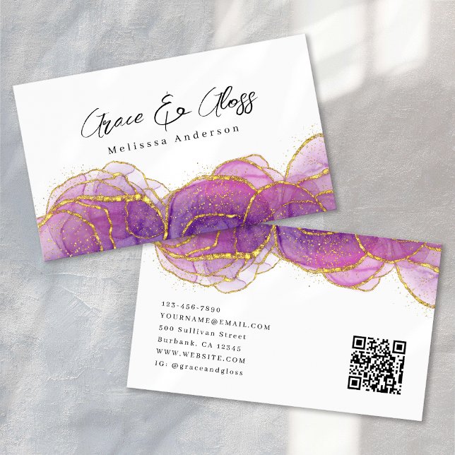 Cartão De Visita Luxe Purple Gold Glitter Nail Salon QR Code (Criador carregado)