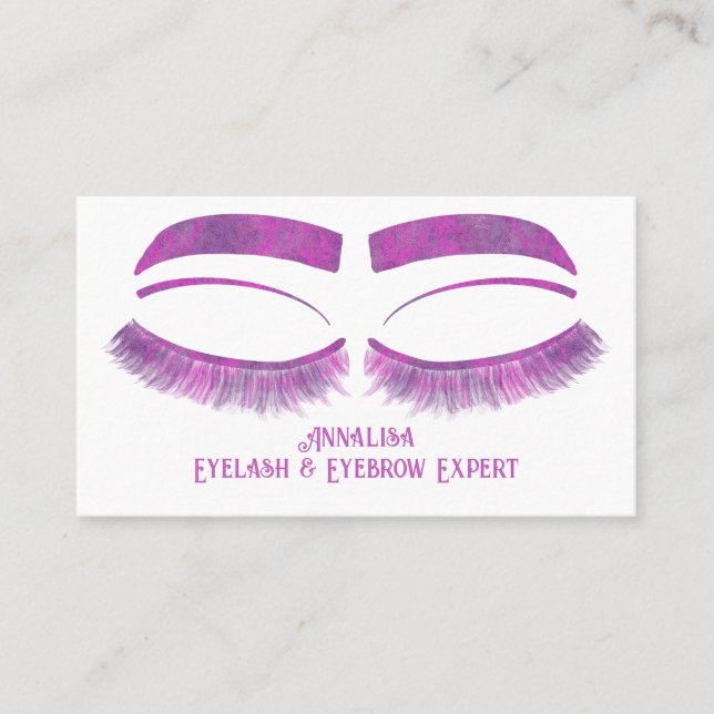 Cartão De Visita Lúxo Aquarela Eyelash e Beleza de Ouro, Roxo (Frente)