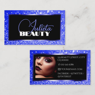 Cartão De Visita Luxo Azul Brilhante com Glitter Espelhado e Foto