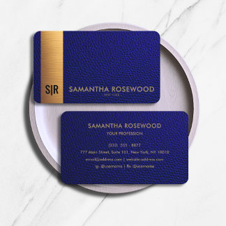 Cartão De Visita Luxo Azul Marinho Couro & Painel Dourado Monograma