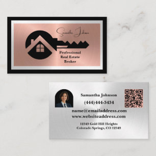 Cartão De Visita Luxo Black & Rose Gold QR Foto Imóveis