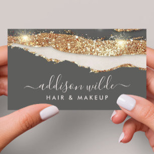 Cartão De Visita Luxo Cinza Carvão E Glitter Dourado Script Moderno