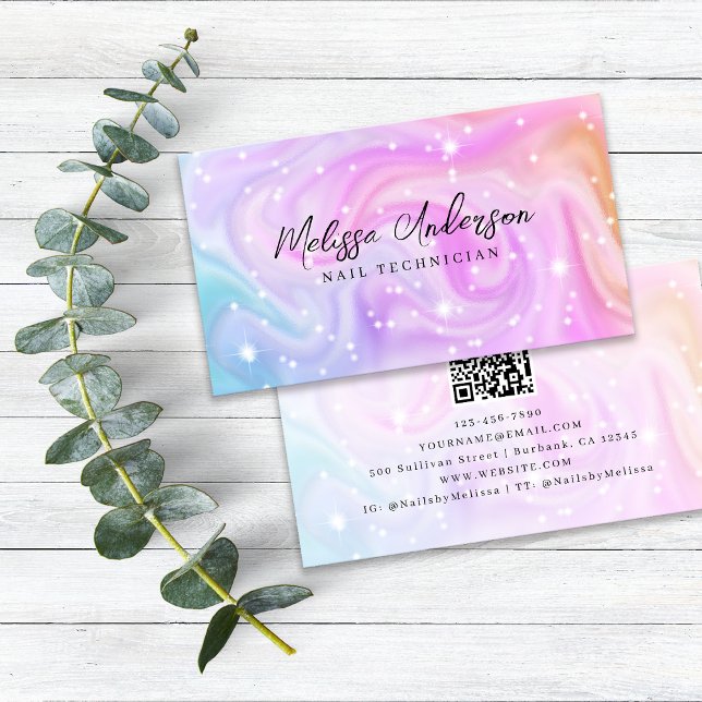 Cartão De Visita Luxo de código QR Holográfico Rosa (Criador carregado)