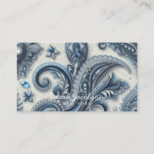 Cartão De Visita Luxo em Azul e Branco com Paisley Diamante