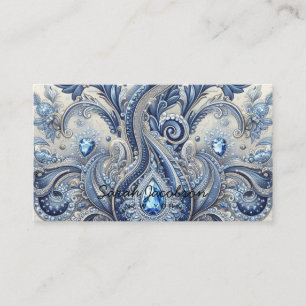 Cartão De Visita Luxo em Azul e Branco com Paisley Diamante