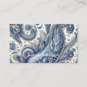 Cartão De Visita Luxo em Azul e Branco Paisley