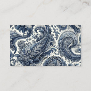 Cartão De Visita Luxo em Azul e Branco Paisley