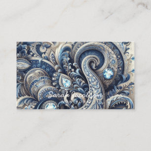 Cartão De Visita Luxo em Azul e Branco Paisley Diamante