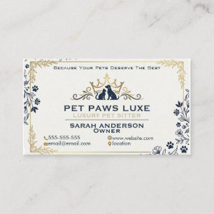 Cartão De Visita Luxo Marcação de Pet Sitter Dourado & Azul Marinho