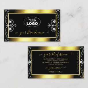 Cartão De Visita Luxo Ornado Preto Dourado Brilho Jóias com Logotip