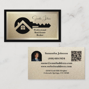 Cartão De Visita Luxo Preto & Ouro QR Foto Imóveis