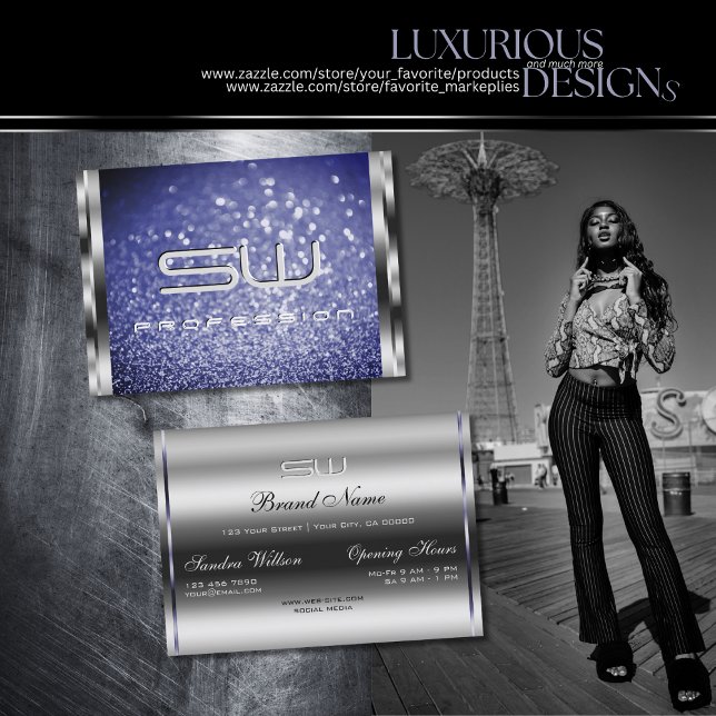 Cartão De Visita Luxo Royal Blue Sparkle Monogramas Silver (Criador carregado)