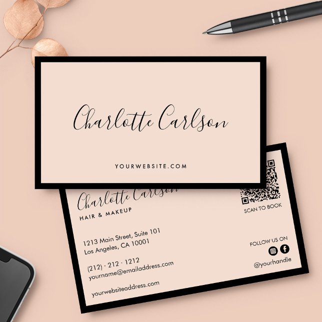 Cartão De Visita Lúxo Script Moderno Blush Pink QR Mídia Social (Criador carregado)