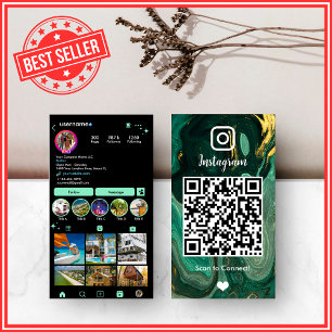 Cartão De Visita LUXO Verde & Preto Instagram Mármore Ágata QR