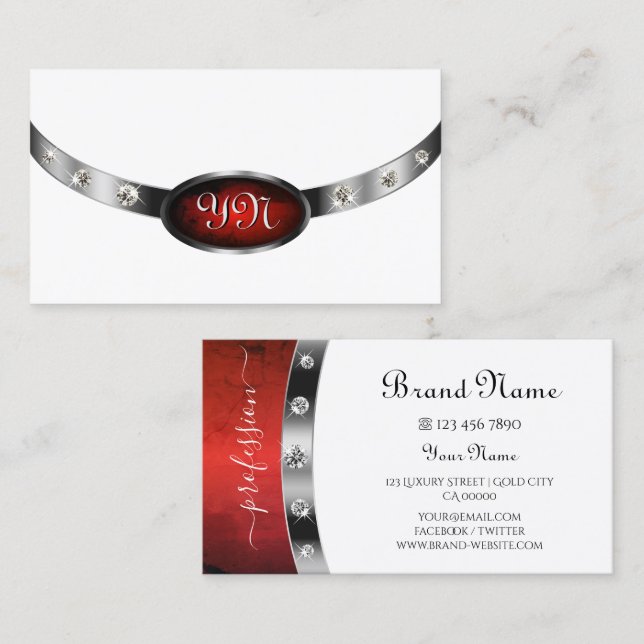 Cartão De Visita Luxo White Silver Red Marble Faux Rhinestones (Frente/Verso)