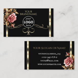 Cartão De Visita Luxuoso Dourado Preto Adorável Rosa Vintage com Lo