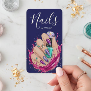 Cartão De Visita Luxuoso Estúdio de Unhas Azul Marinho Artista Mani