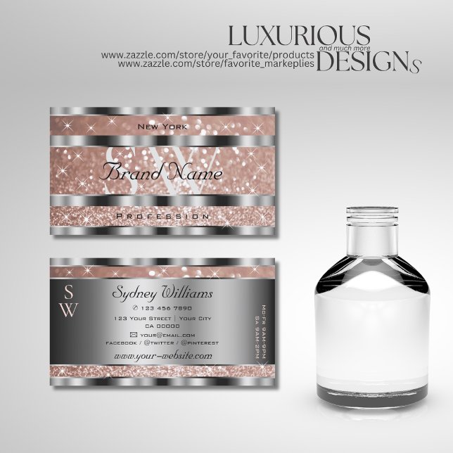 Cartão De Visita Lúxurido Rosa Dourado Láteas Monograma Prata (Criador carregado)