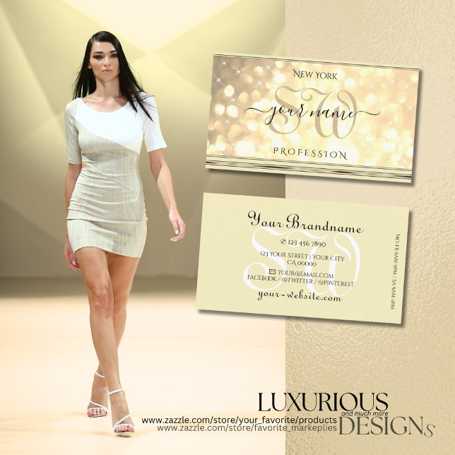 Cartão De Visita Luxurioso Dourado brilho Stars Iniciais Beige Ouro (Criador carregado)
