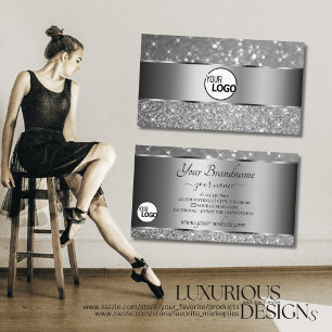 Cartão De Visita Luxurioso Silver Glitter Sparkle Stars Logotipo Mo